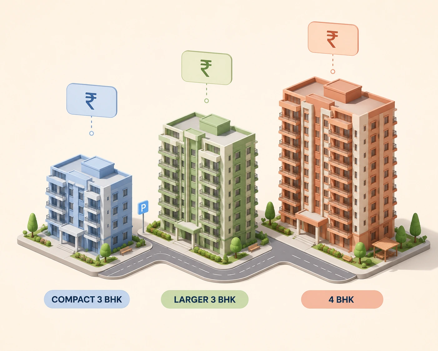 Isometric illustration comparing Compact 3 BHK, Larger 3 BHK, and 4 BHK apartment configurations at Arvind Sarjapur Road.